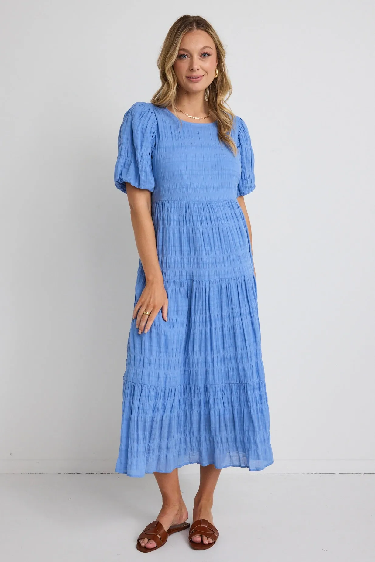 Graceful French Blue Shirred Cotton Bubble Sleeve Tiered Maxi Dress
