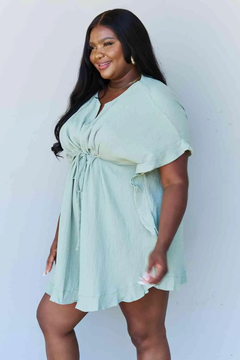 Ruffle Hem Dress Drawstring Waist Sage