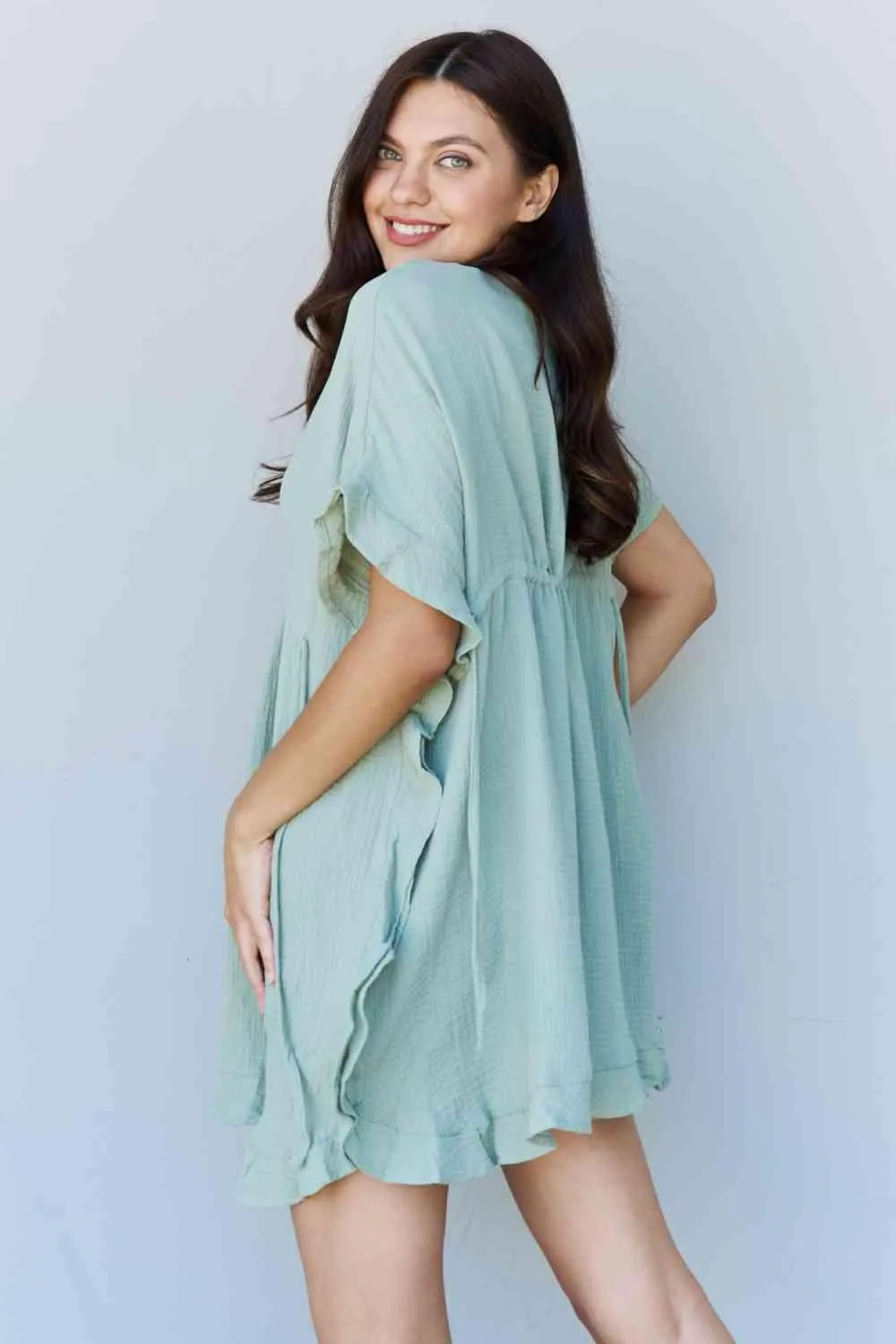 Ruffle Hem Dress Drawstring Waist Sage