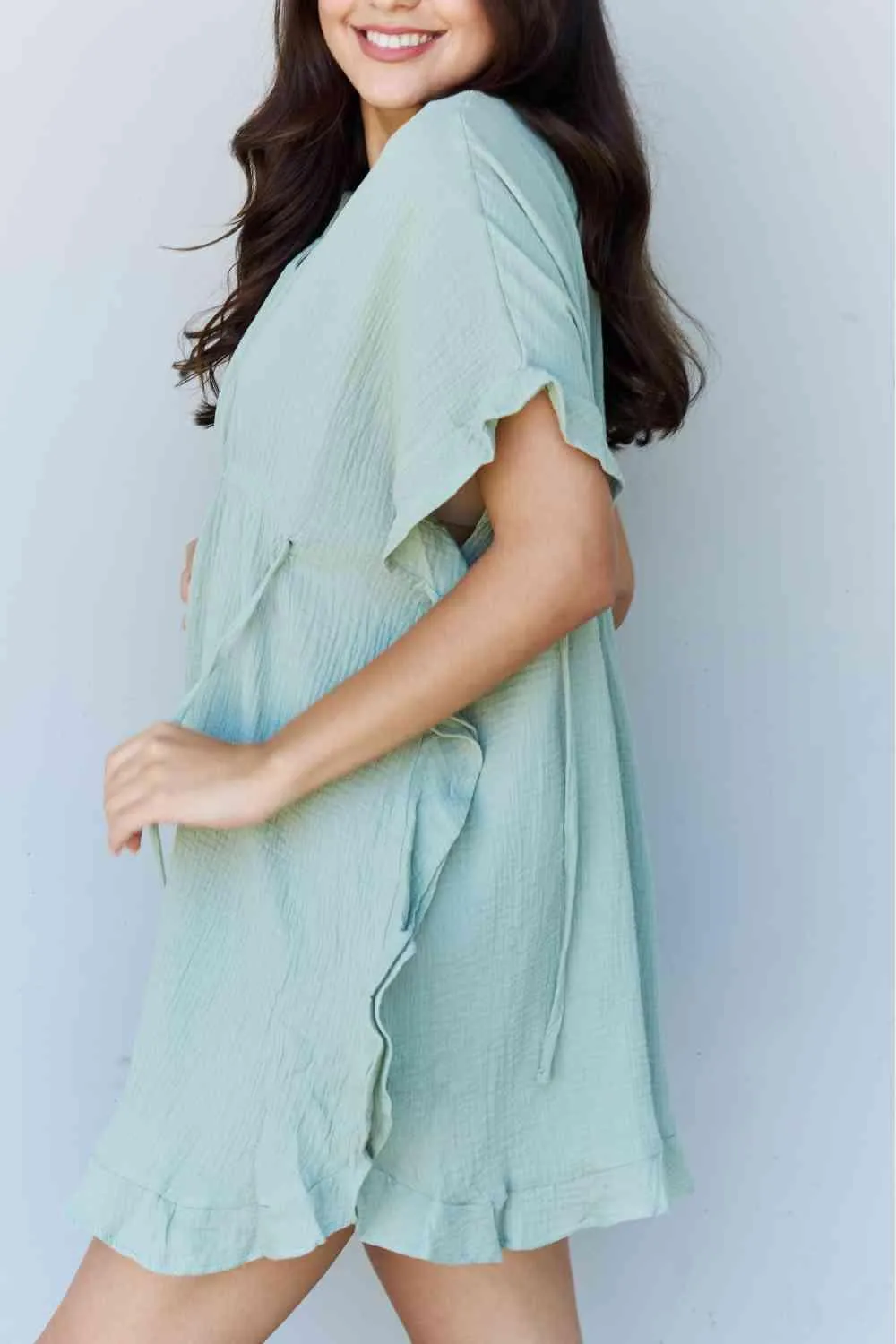 Ruffle Hem Dress Drawstring Waist Sage