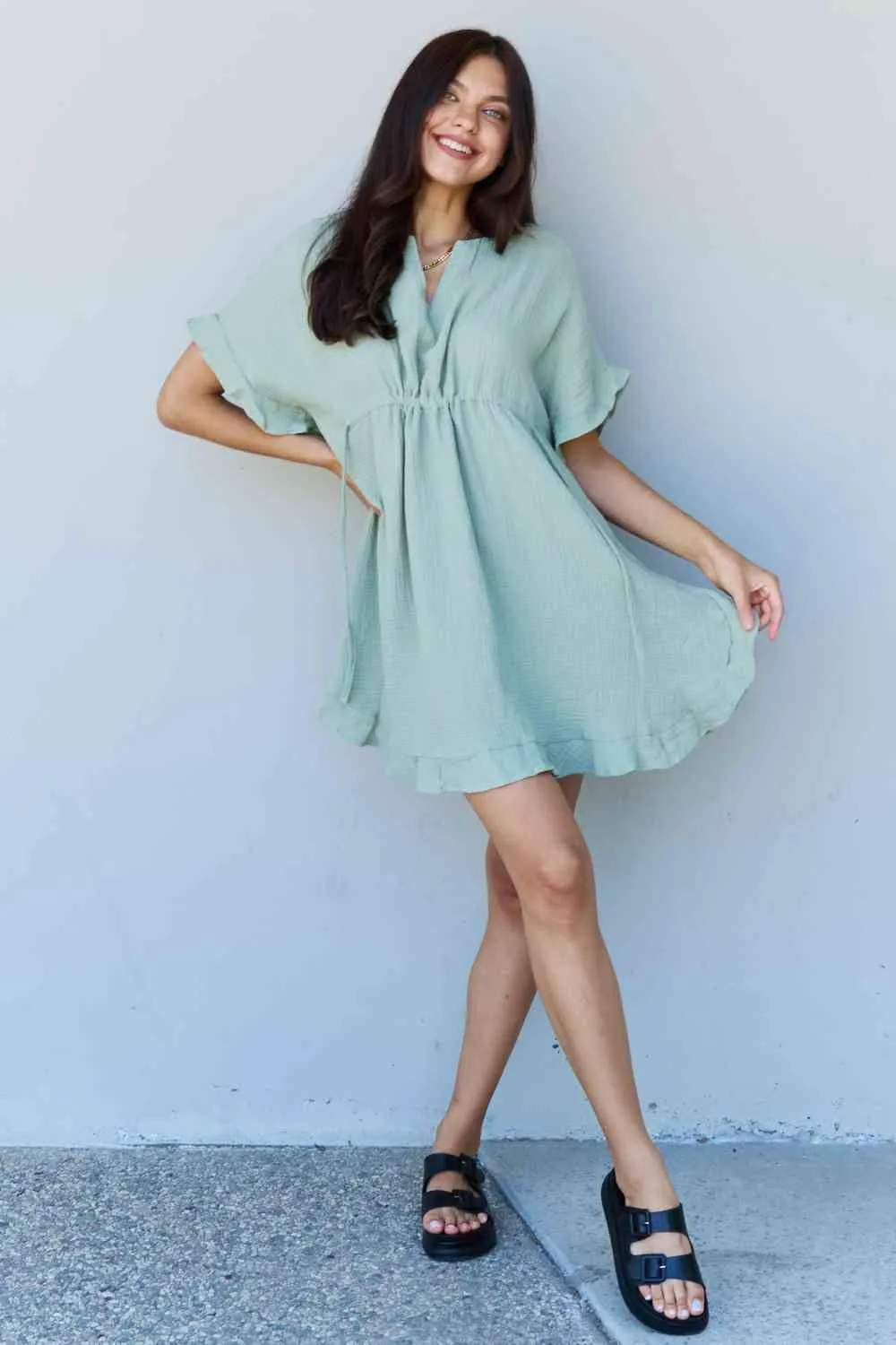 Ruffle Hem Dress Drawstring Waist Sage