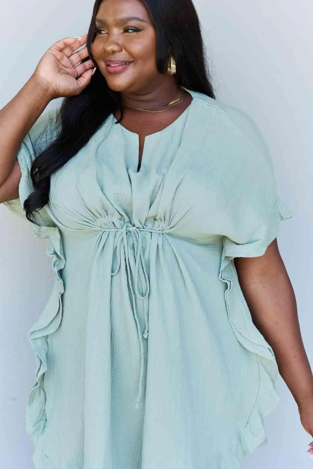 Ruffle Hem Dress Drawstring Waist Sage