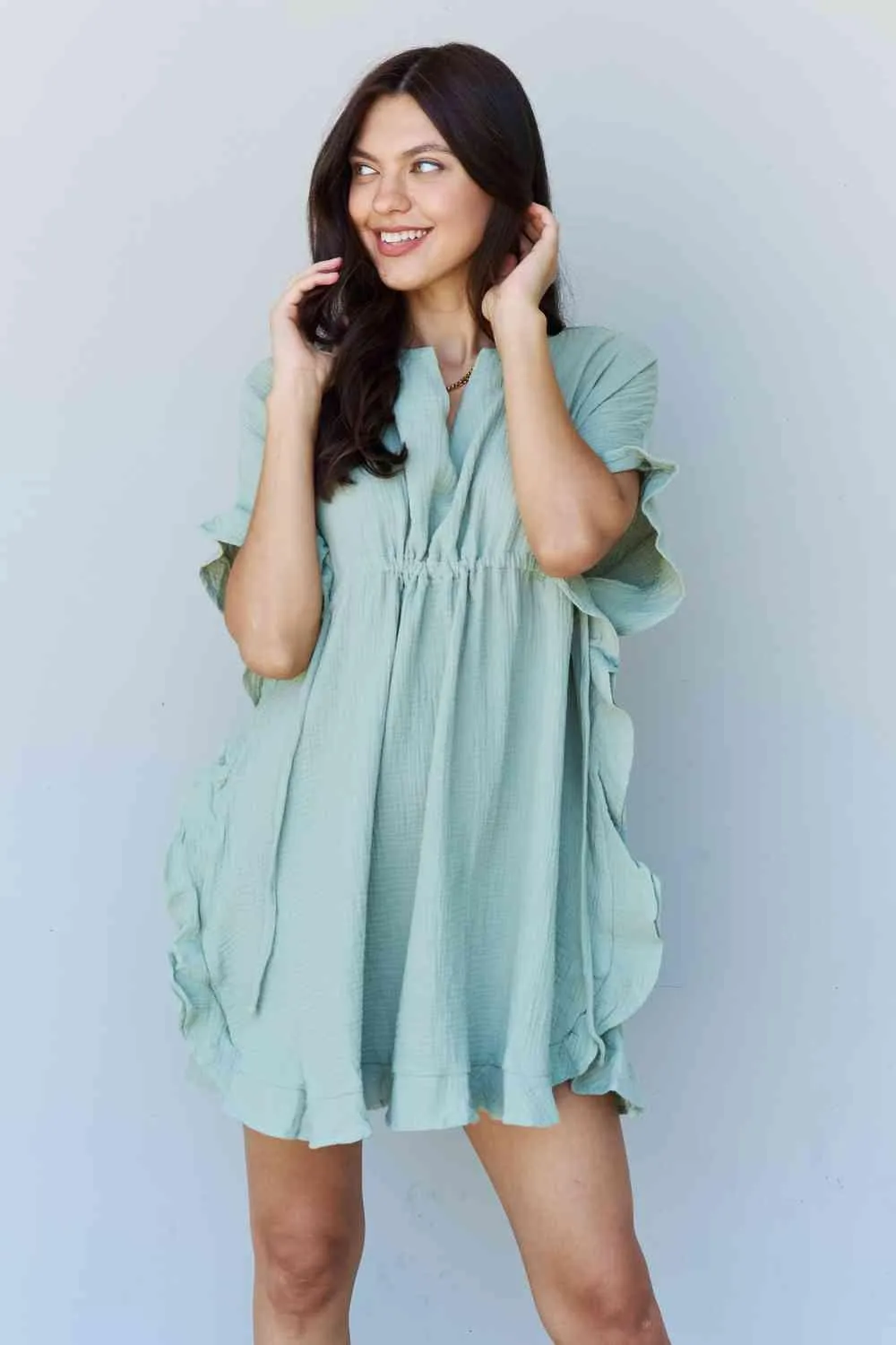 Ruffle Hem Dress Drawstring Waist Sage