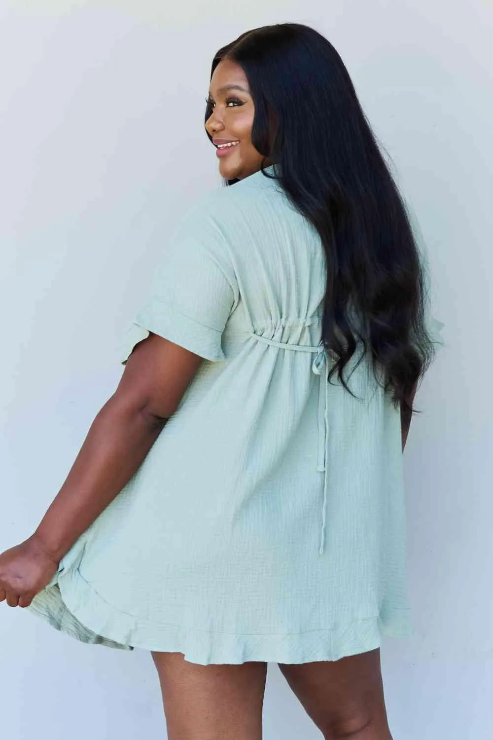 Ruffle Hem Dress Drawstring Waist Sage
