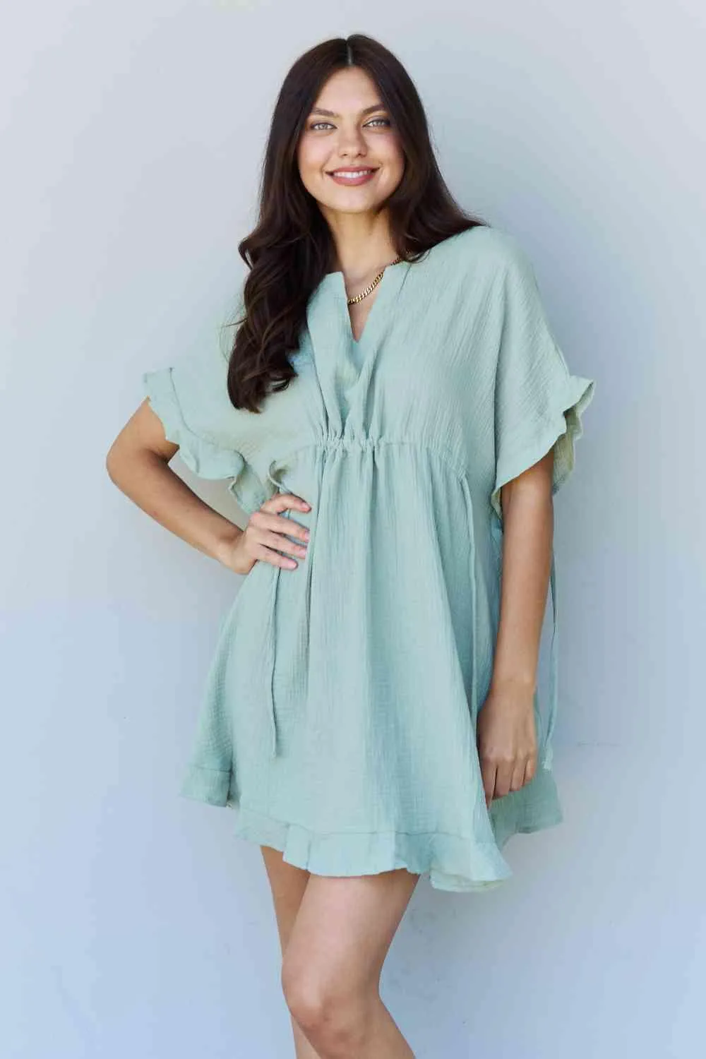 Ruffle Hem Dress Drawstring Waist Sage