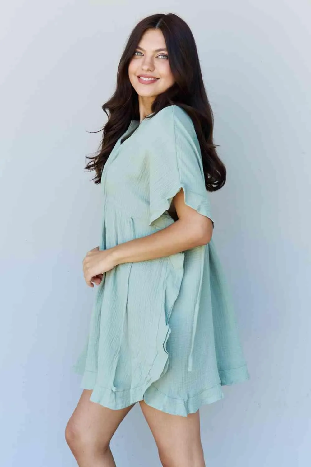 Ruffle Hem Dress Drawstring Waist Sage