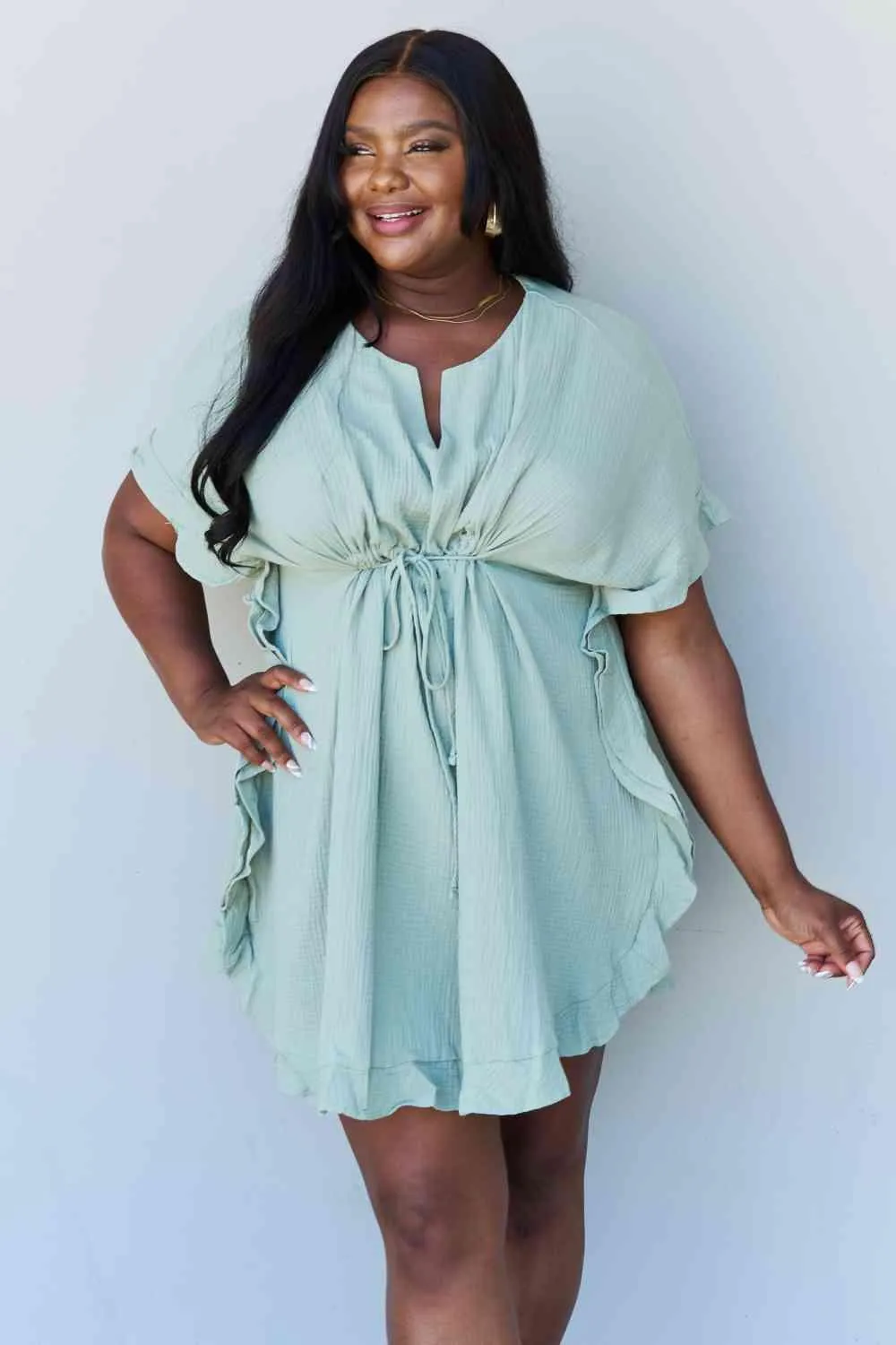Ruffle Hem Dress Drawstring Waist Sage