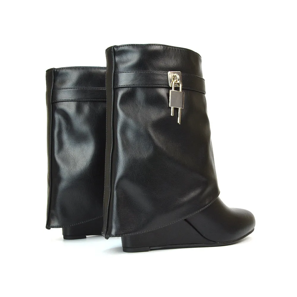 Teddy Fold Over Wedge Heel Pull On Ankle Boots in Black Synthetic Leather