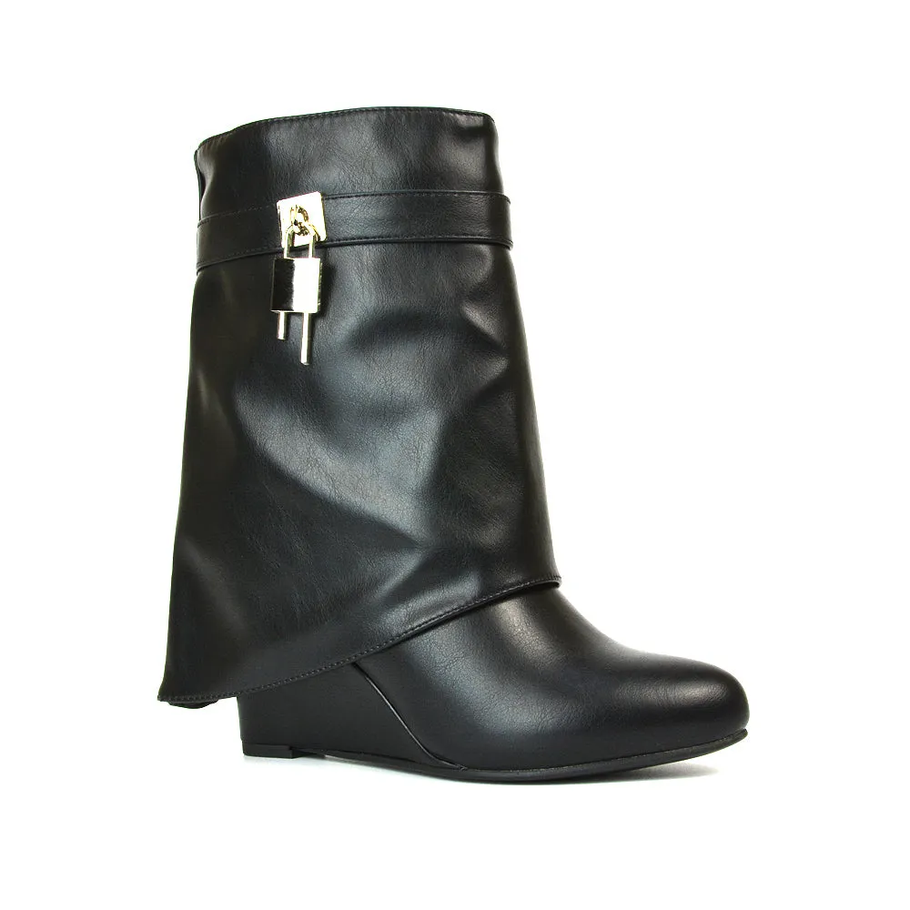 Teddy Fold Over Wedge Heel Pull On Ankle Boots in Black Synthetic Leather
