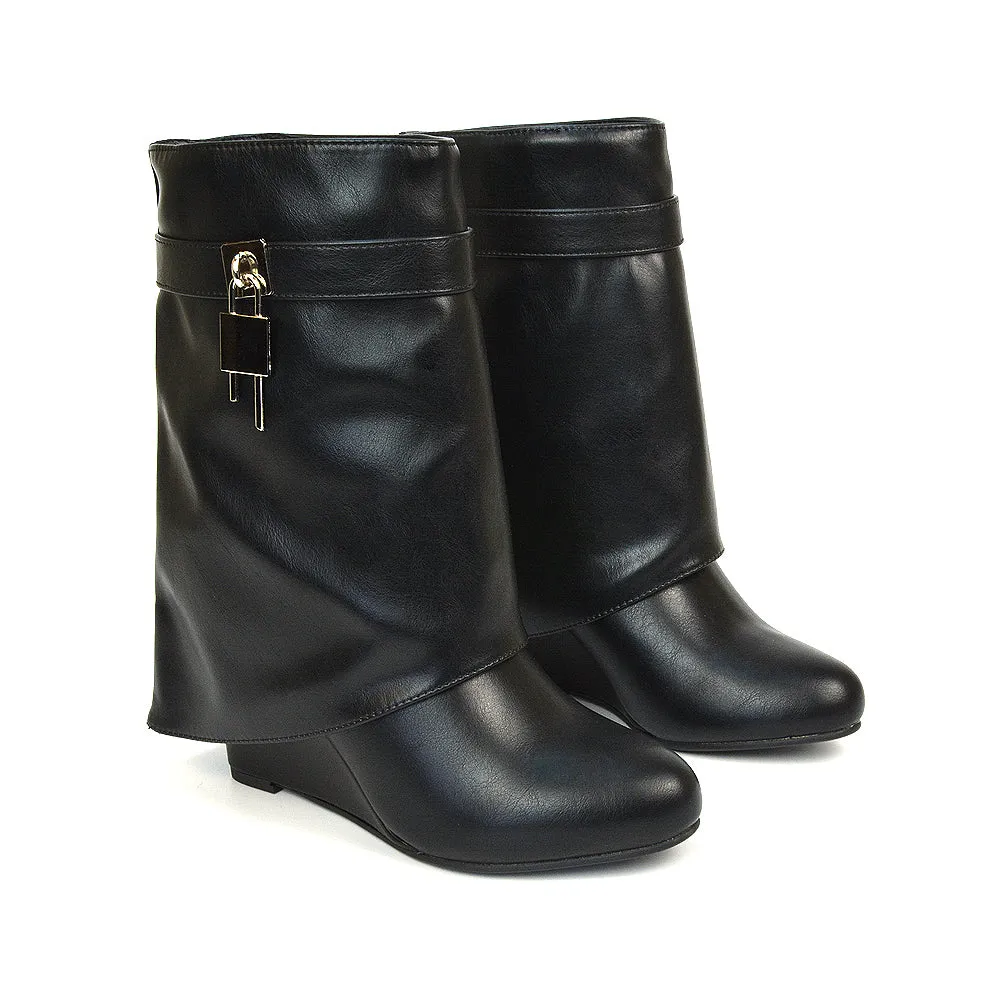 Teddy Fold Over Wedge Heel Pull On Ankle Boots in Black Synthetic Leather