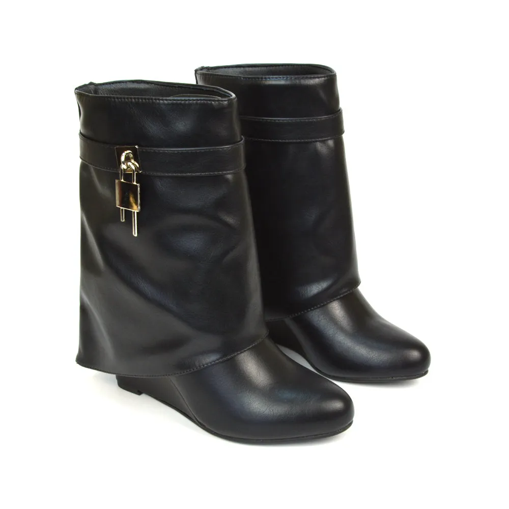 Teddy Fold Over Wedge Heel Pull On Ankle Boots in Black Synthetic Leather