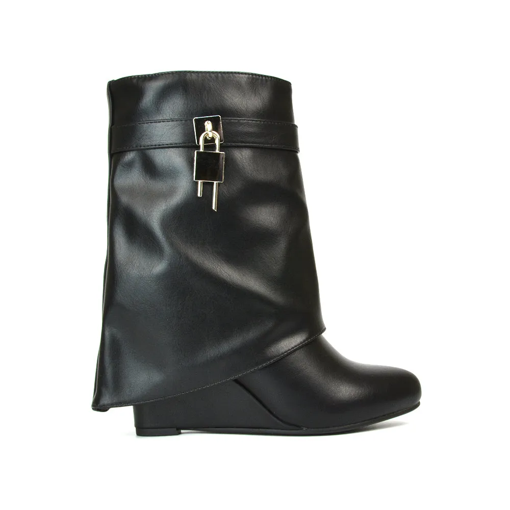 Teddy Fold Over Wedge Heel Pull On Ankle Boots in Black Synthetic Leather