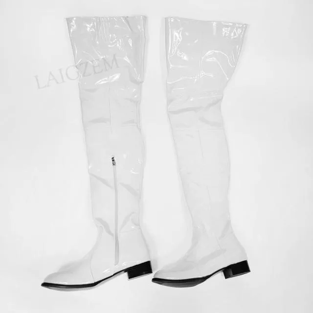 Women Over Knee Boots Shiny Patent Side Zip Low Heels