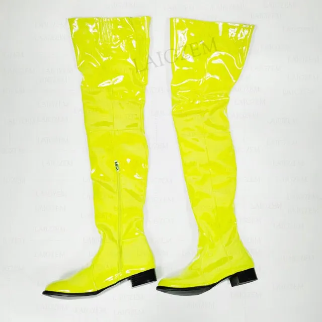 Women Over Knee Boots Shiny Patent Side Zip Low Heels