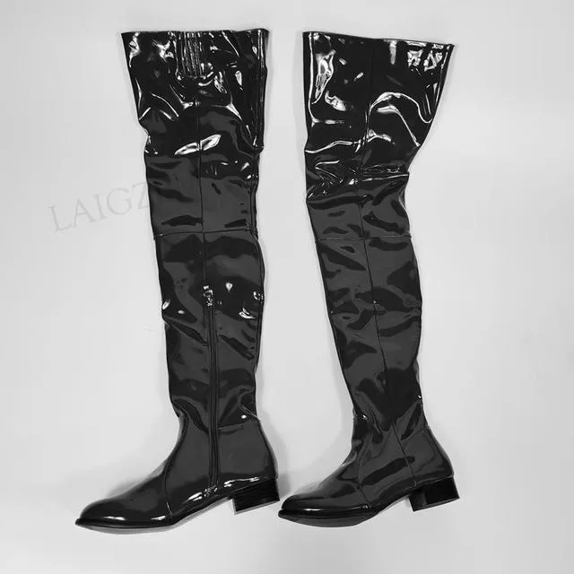 Women Over Knee Boots Shiny Patent Side Zip Low Heels