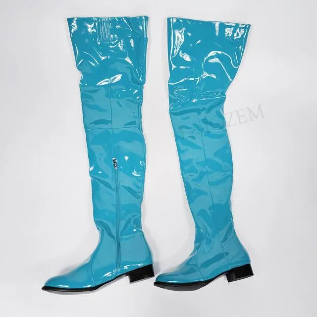 Women Over Knee Boots Shiny Patent Side Zip Low Heels