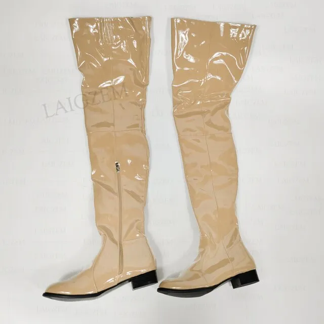 Women Over Knee Boots Shiny Patent Side Zip Low Heels