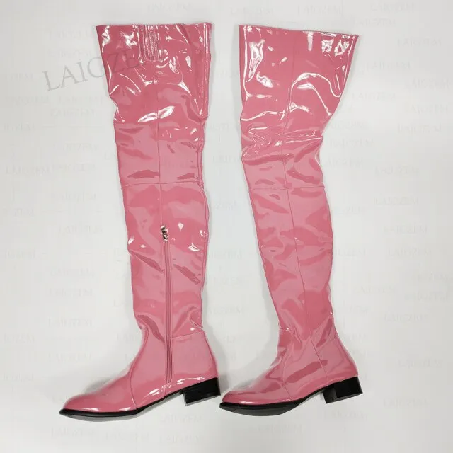 Women Over Knee Boots Shiny Patent Side Zip Low Heels