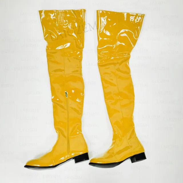 Women Over Knee Boots Shiny Patent Side Zip Low Heels