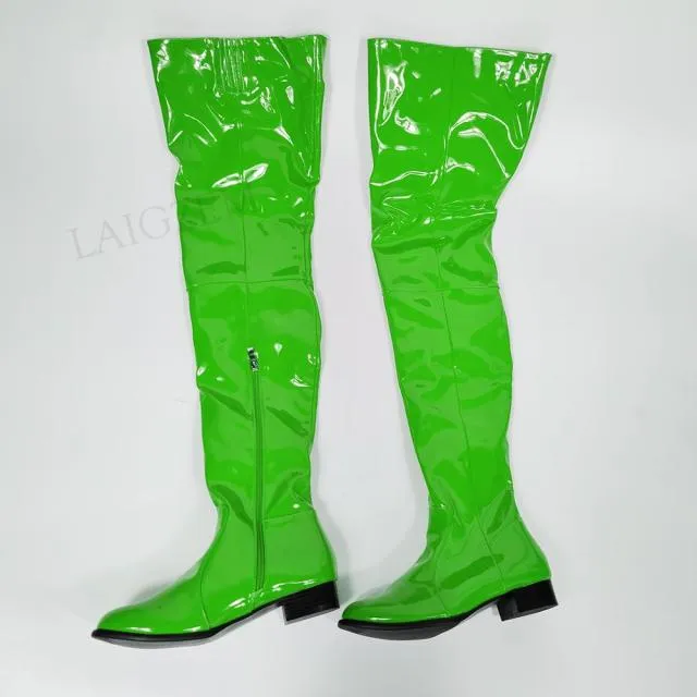 Women Over Knee Boots Shiny Patent Side Zip Low Heels
