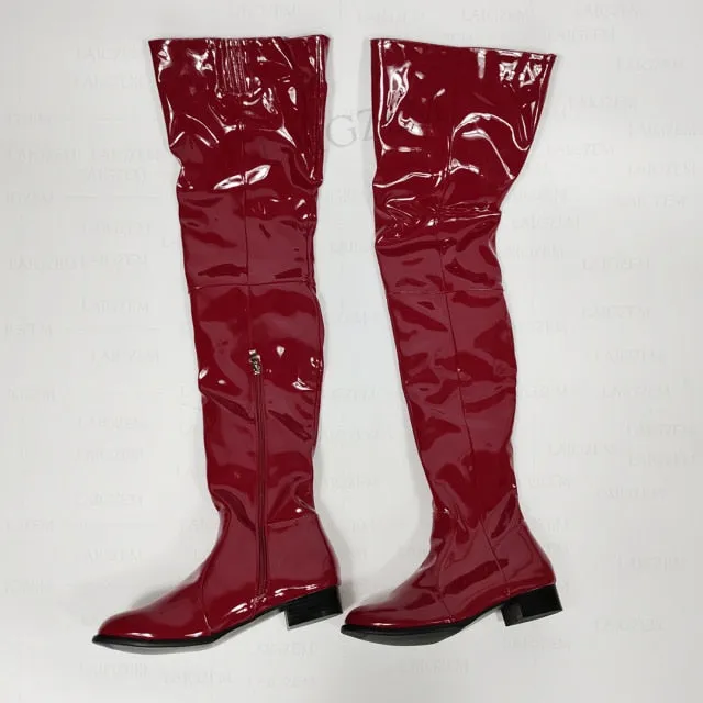 Women Over Knee Boots Shiny Patent Side Zip Low Heels
